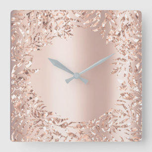 Pink Rose Gold Metallic Floral Glitter Blush Girly Square Wall Clock