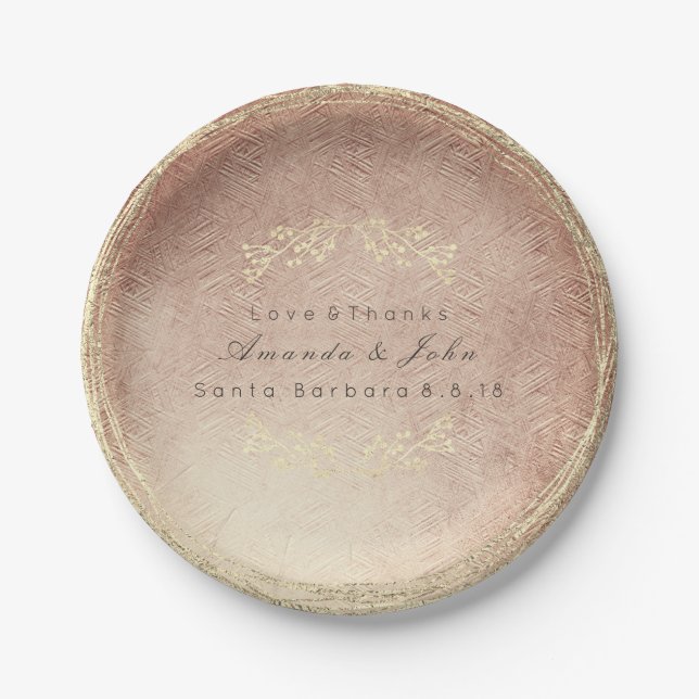 Pink Rose Gold Metallic Floral Wreath Copper Blush Paper Plate (Front)