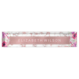 Pink Rose Gold Metallic Foil Marble Floral Luxury Nameplate