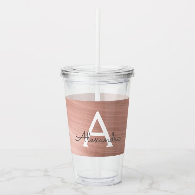 Pink Rose Gold Metallic Foil Monogram Birthday Acrylic Tumbler (Front)