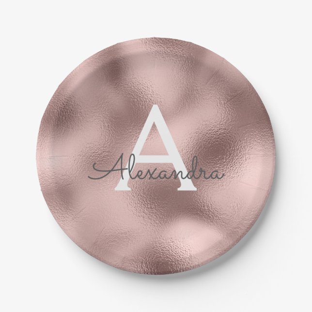 Pink Rose Gold Metallic Foil Monogram Birthday Paper Plate (Front)