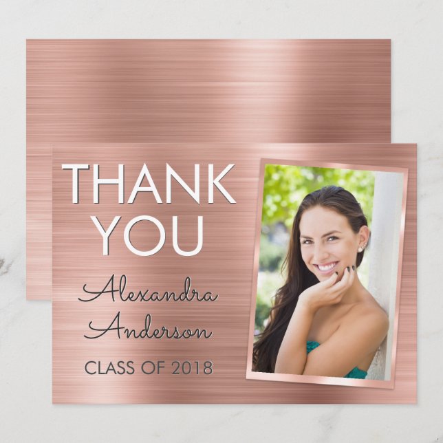 Pink Rose Gold Metallic Graduation Thank You Invitation (Front/Back)