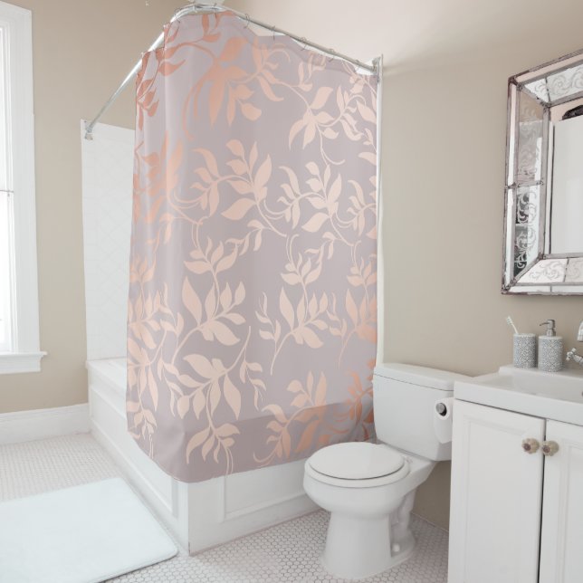 Pink rose gold metallic leaves | powder blush shower curtain (In Situ)