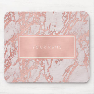 Pink Rose Gold Metallic Marble White Rectangular Mouse Mat