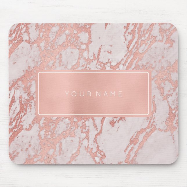 Pink Rose Gold  Metallic Marble White Rectangular Mouse Mat (Front)