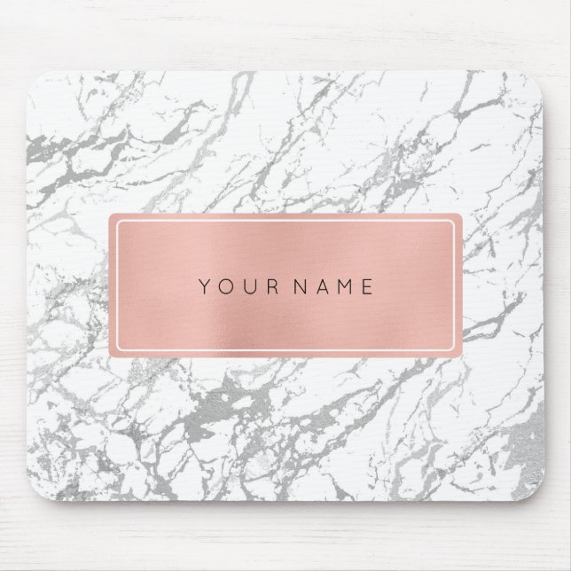 Pink Rose Gold Metallic Minimal White Marble Gray Mouse Mat (Front)