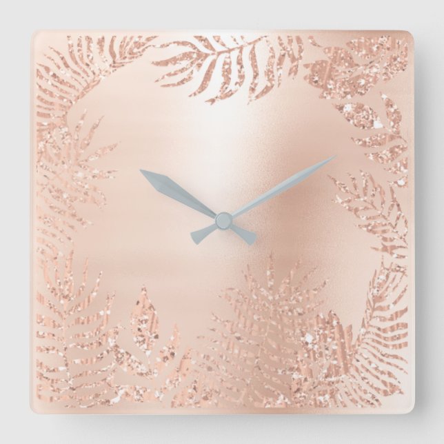 Pink Rose Gold Metallic Palm Botanical Metallic Square Wall Clock (Front)