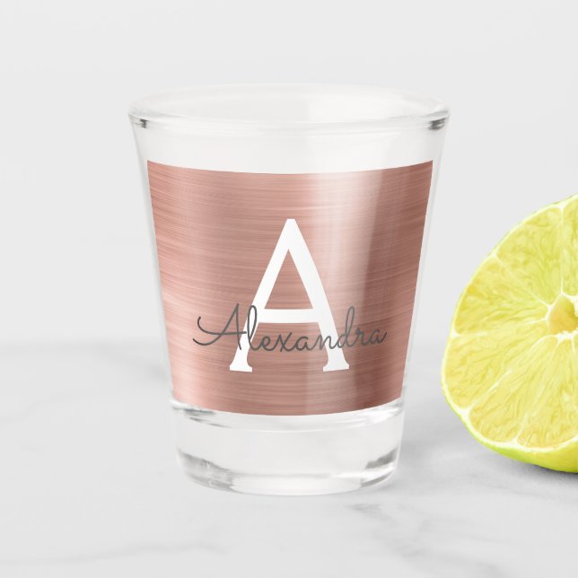 Pink Rose Gold Modern Metallic Monogram Birthday Shot Glass (Front)