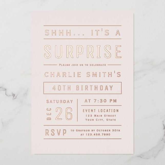 Pink Rose Gold Modern Typography Surprise Birthday (Front)