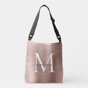 Pink Rose Gold Monogram Chic Brushed Metal Script Crossbody Bag