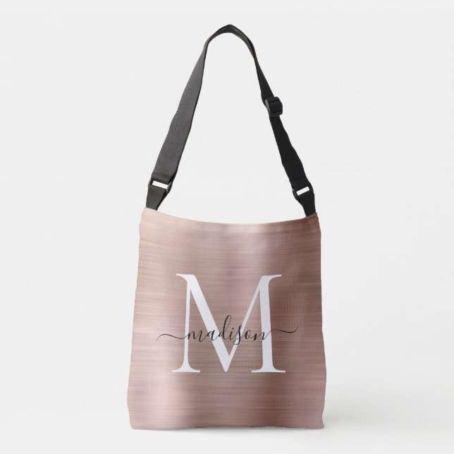 Pink Rose Gold Monogram Chic Brushed Metal Script Crossbody Bag (Front)