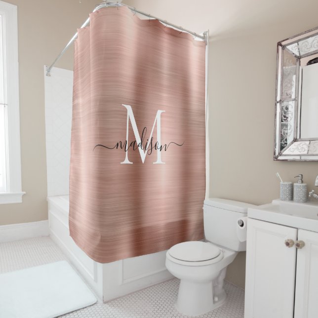 Pink Rose Gold Monogram Feminine Script Glam Metal Shower Curtain (In Situ)