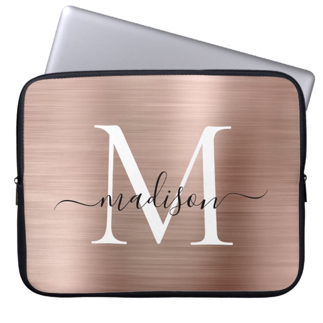 Pink Rose Gold Monogram Girly Script Brushed Metal Laptop Sleeve (Front)