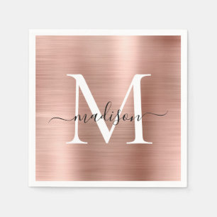 Pink Rose Gold Monogram Girly Script Brushed Metal Napkin