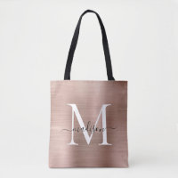 Pink Rose Gold Monogram Glam Brushed Metal Script
