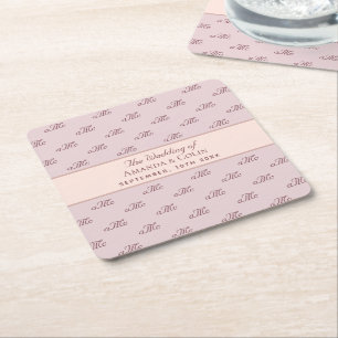 Pink rose gold monogram initials elegant wedding square paper coaster