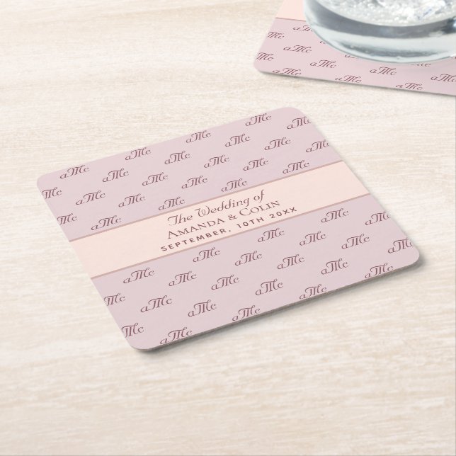 Pink rose gold monogram initials elegant wedding square paper coaster (Angled)