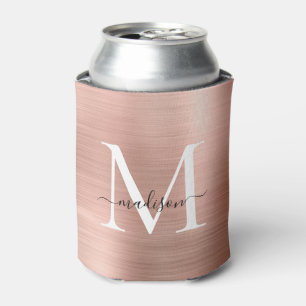 Pink Rose Gold Monogram Script Brushed Metal Steel Can Cooler