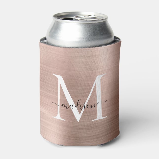 Pink Rose Gold Monogram Script Brushed Metal Steel Can Cooler (Can Front)
