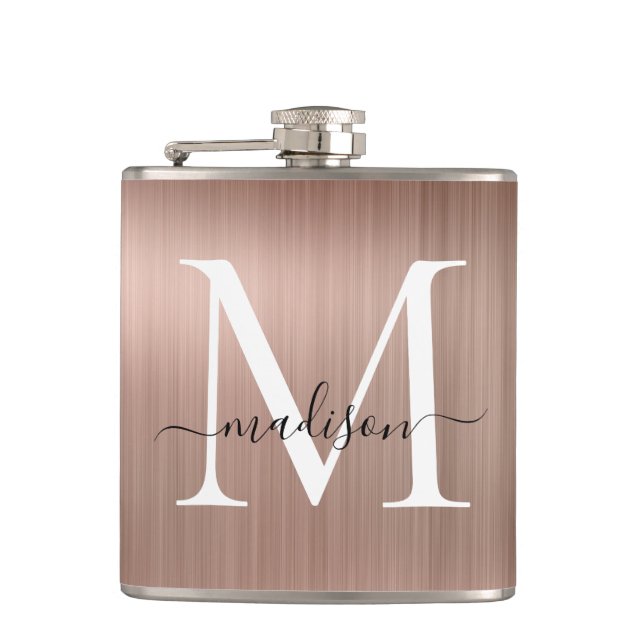 Pink Rose Gold Monogram Script Brushed Steel Metal Hip Flask (Front)