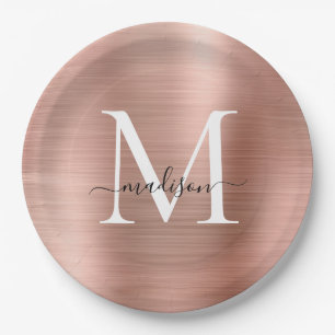Pink Rose Gold Monogram Script Glam Metallic Steel Paper Plate