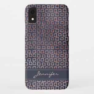 Pink Rose Gold Navy Blue Geometric Square Pattern iPhone XR Case