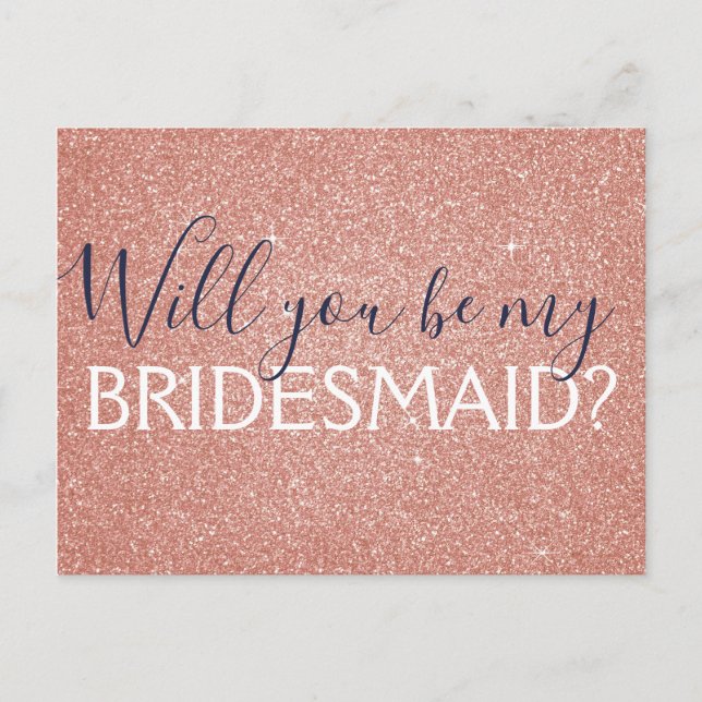 Pink Rose Gold Navy Blue Glitter Bridesmaid Invitation Postcard (Front)