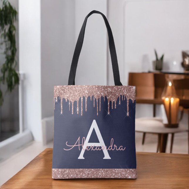 Pink Rose Gold Navy Blue Glitter Elegant Monogram Tote Bag (Creator Uploaded)