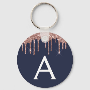 Pink Rose Gold Navy Blue Glitter Monogram Key Ring