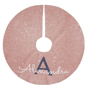 Pink Rose Gold Navy Blue Glitter Sparkle Monogram Brushed Polyester Tree Skirt