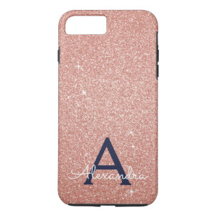 Pink Rose Gold Navy Blue Glitter Sparkle Monogram iPhone 8 Plus/7 Plus Case