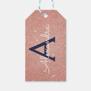 Pink Rose Gold Navy Blue Glitter Sparkle Monogram Gift Tags