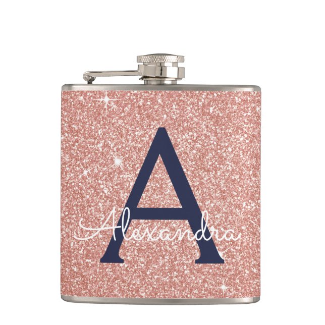Pink Rose Gold Navy Blue Glitter Sparkle Monogram Hip Flask (Front)