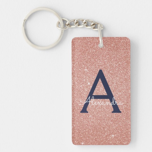 Pink Rose Gold Navy Blue Glitter Sparkle Monogram Key Ring (Front)