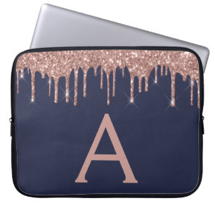 Pink Rose Gold Navy Blue Glitter Sparkle Monogram Laptop Sleeve