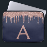 Pink Rose Gold Navy Blue Glitter Sparkle Monogram Laptop Sleeve<br><div class="desc">Pink Rose Gold and Navy Blue Faux Dripping Modern and Elegant Girly Glitter and Sparkle Elegant Monogram Case. This case can be customised to include your initial and first name.</div>