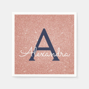 Pink Rose Gold Navy Blue Glitter Sparkle Monogram Napkin