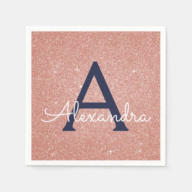 Pink Rose Gold Navy Blue Glitter Sparkle Monogram Napkin (Front)