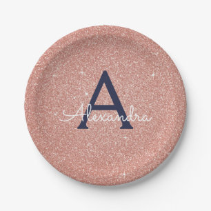 Pink Rose Gold Navy Blue Glitter Sparkle Monogram Paper Plate