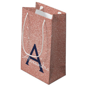 Pink Rose Gold Navy Blue Glitter Sparkle Monogram Small Gift Bag