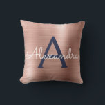 Pink Rose Gold Navy Blue Monogram Name Cushion<br><div class="desc">Blush Pink - Rose Gold and Navy Blue Foil  Brushed Metal Monogram Name and Initial Pillow. The pillow makes the perfect gift for someone decorating her room in rose gold.</div>