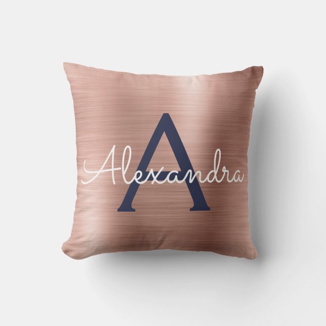 Pink Rose Gold Navy Blue Monogram Name Cushion (Front)