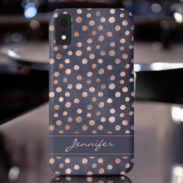 Pink Rose Gold - Navy Blue Polka Dot Pattern Case-Mate iPhone Case (Creator Uploaded)