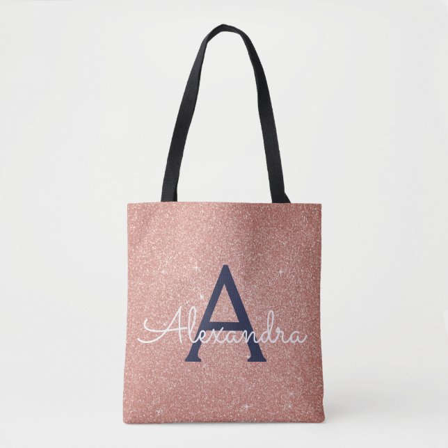 Pink Rose Gold Navy Blue Sparkle Elegant Monogram Tote Bag (Front)