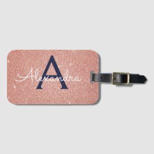 Pink Rose Gold Navy Blue Sparkle Glitter Monogram Luggage Tag