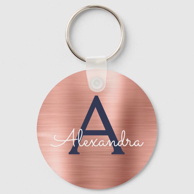 Pink Rose Gold Navy Blue Stainless Steel Monogram Key Ring (Front)