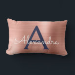 Pink Rose Gold Navy Blue Stainless Steel Monogram Lumbar Cushion<br><div class="desc">Rose Gold | Blush Pink and Navy Blue Stainless Steel Foil Monogram Name and Initial Pillow. The pillow makes the perfect Sweet 16,  Bridal Shower,  or Christmas or Wedding Elegant and Modern gift for someone decorating her room in rose gold.</div>