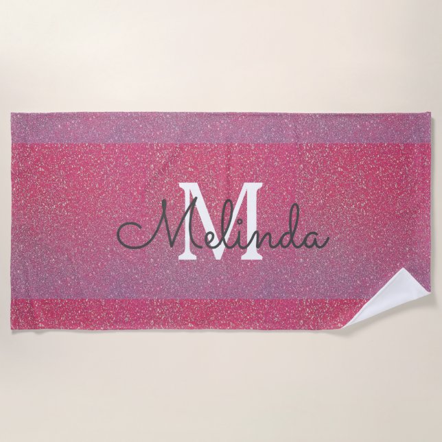 Pink Rose Gold Ombre Girly Monogram Initial Name Beach Towel (Front)