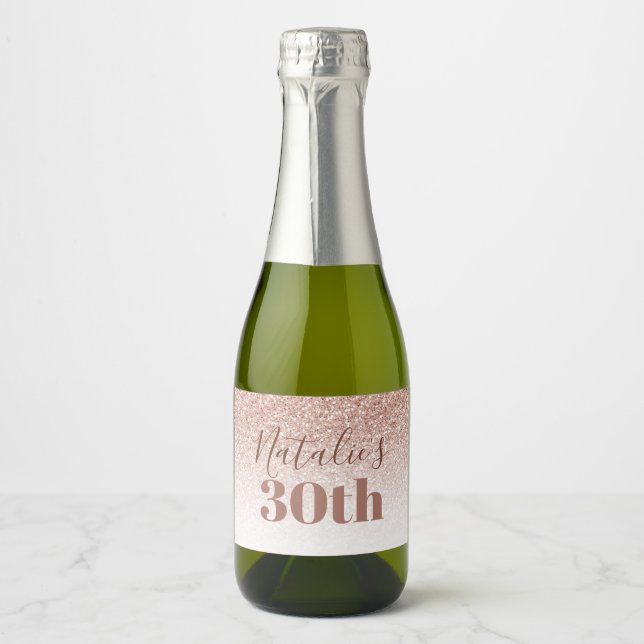 Pink Rose Gold Ombre Thirty 30th Birthday Mini Sparkling Wine Label (Front)