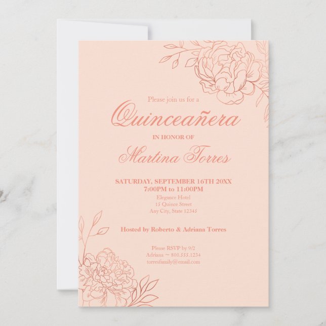 Pink Rose Gold Outline Flowers Floral Quinceanera Invitation (Front)
